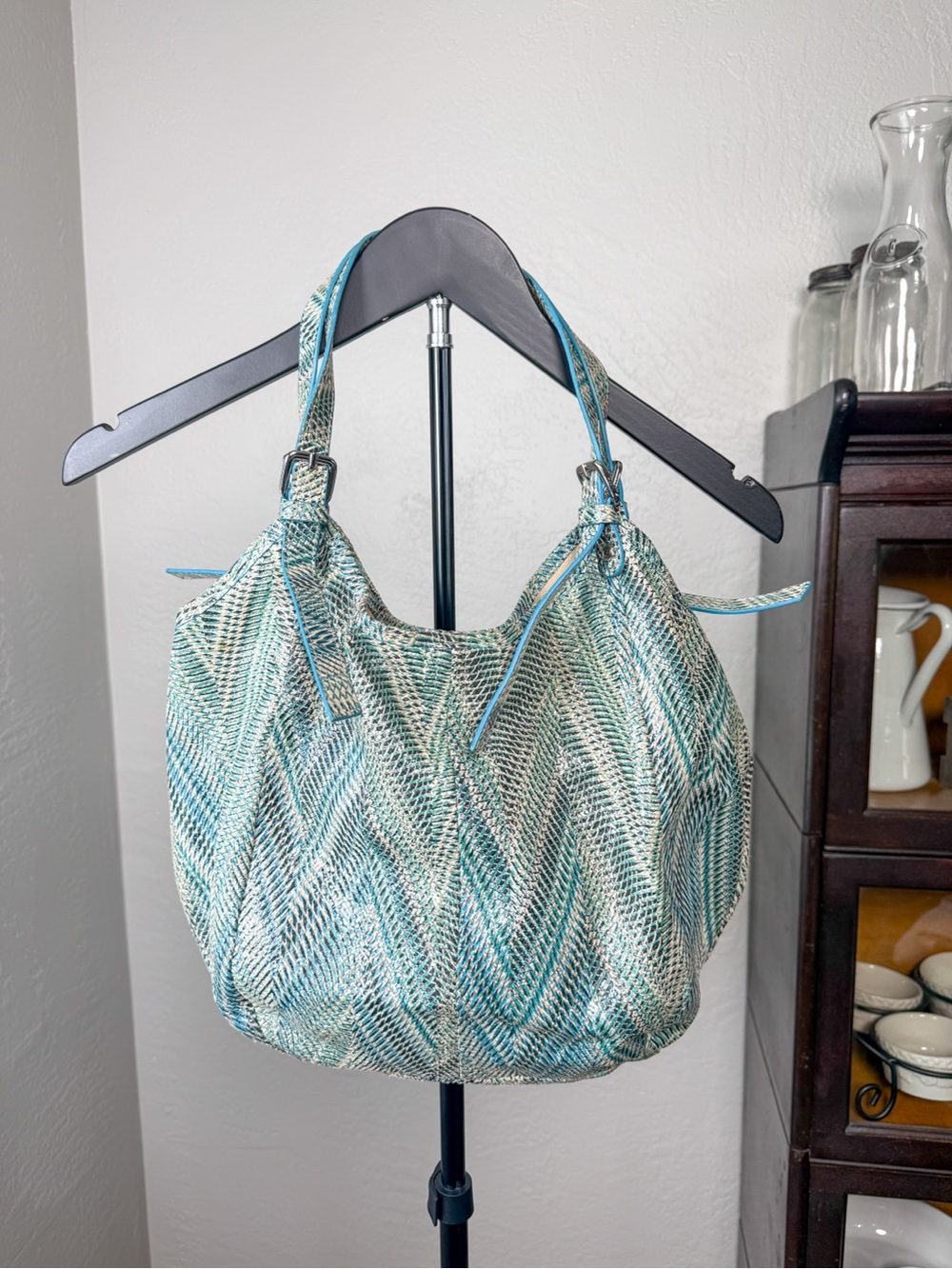LODIS Metallic Turquoise Silver Leather Hobo Shoulder Bag Large